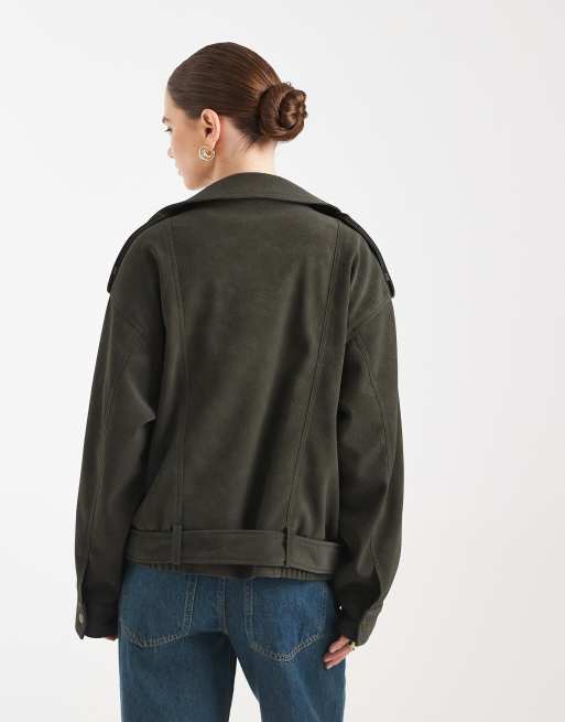 ASOS DESIGN – Kakifärgad bikerjacka i oversize och läderimitation, 3 av 4