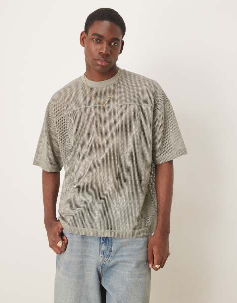 ASOS DESIGN – Kakifärgad, boxig t-shirt i oversize och hålstickad mesh med sänkt axelsöm - view 1
