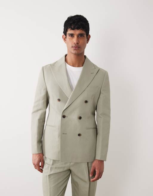 ASOS DESIGN – Kakigrön, smal, dubbelknäppt kostym i tyg med hög andel linne, 2 av 3