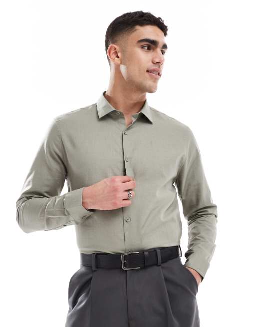 ASOS DESIGN – Kakifärgad, formell linneskjorta i regular fit