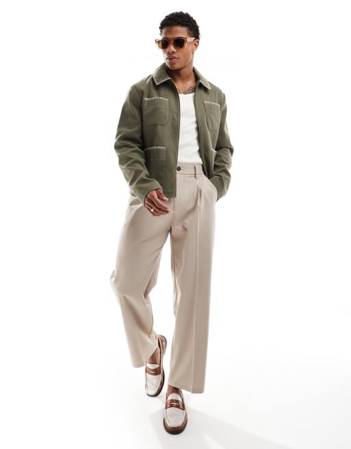 ASOS DESIGN – Kakifärgad Harrington-jacka i yllestil med kaststygn, 3 av 4