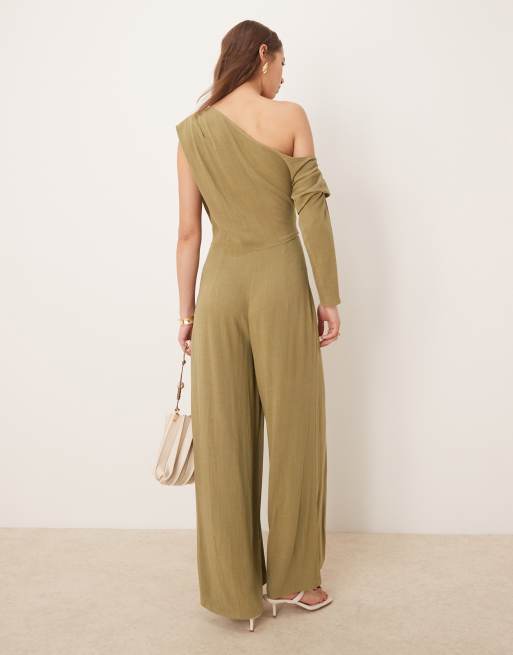 ASOS DESIGN – Kakifärgad jumpsuit i linnemix med sänkt axel, 2 av 4