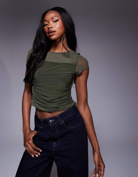 ASOS DESIGN – Kakifärgad, kortärmad topp i mesh med drapering framtill - view 1