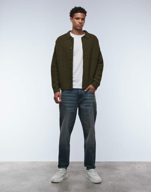 ASOS DESIGN – Kakifärgad, kraftig kofta i stickad ullmix med boxig oversize passform, 2 av 5