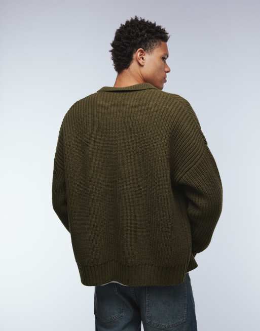 ASOS DESIGN – Kakifärgad, kraftig kofta i stickad ullmix med boxig oversize passform, 3 av 5