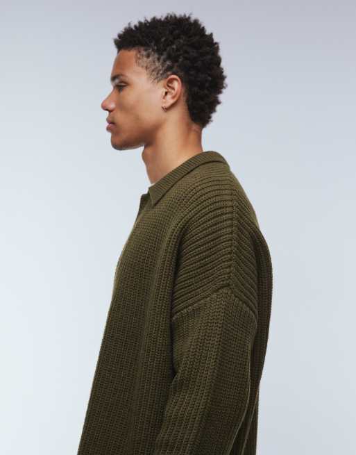 ASOS DESIGN – Kakifärgad, kraftig kofta i stickad ullmix med boxig oversize passform, 4 av 5