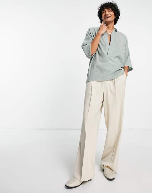 ASOS DESIGN – Kakifärgad krinklad pikétröja i oversize 