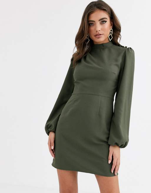 ASOS DESIGN – Kakifärgad, långärmad miniklänning med hög krage