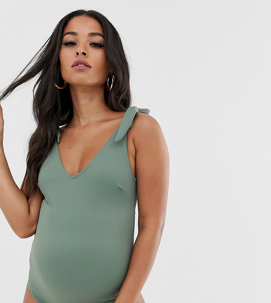 Asos Maternity - Asos design – kakifärgad mammabaddräkt med knytband i återvunnet material-grön