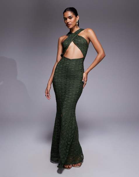 ASOS DESIGN – Kakifärgad maxiklänning i spets med korsad halterneck och utskuren detalj framtill - view 1