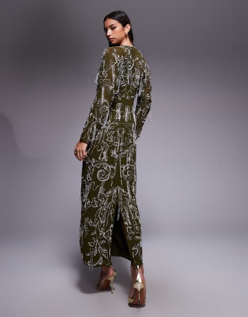 ASOS DESIGN – Kakifärgad maxiklänning med långa ärmar, heltäckande utsmyckningar och fransar, 4 av 4