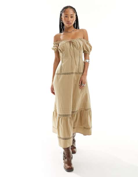 ASOS DESIGN – Kakifärgad midiklänning i off shoulder-modell med stråveck och virkade kanter - view 1