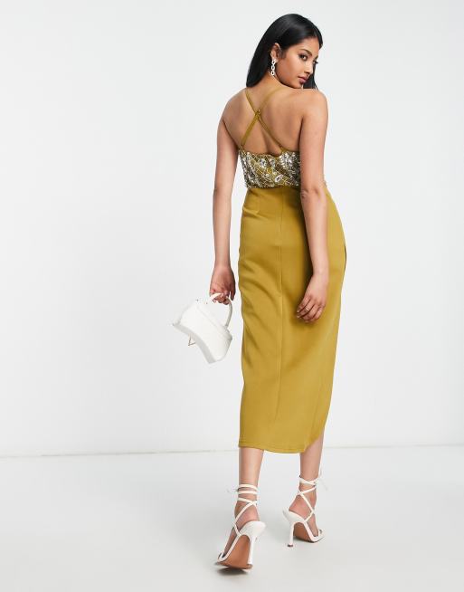 ASOS DESIGN – Kakifärgad midiklänning med med utsmyckad korsett och lårhög slits, 2 av 4