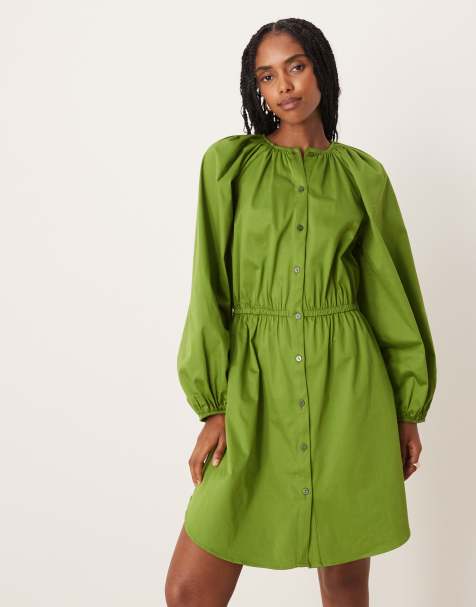 ASOS DESIGN – Kakifärgad miniklänning i poplin med knäppninng och blusärmar - view 1