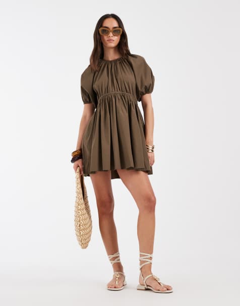 ASOS DESIGN – Kakifärgad miniklänning i poplin med smock och sömdetalj - view 1
