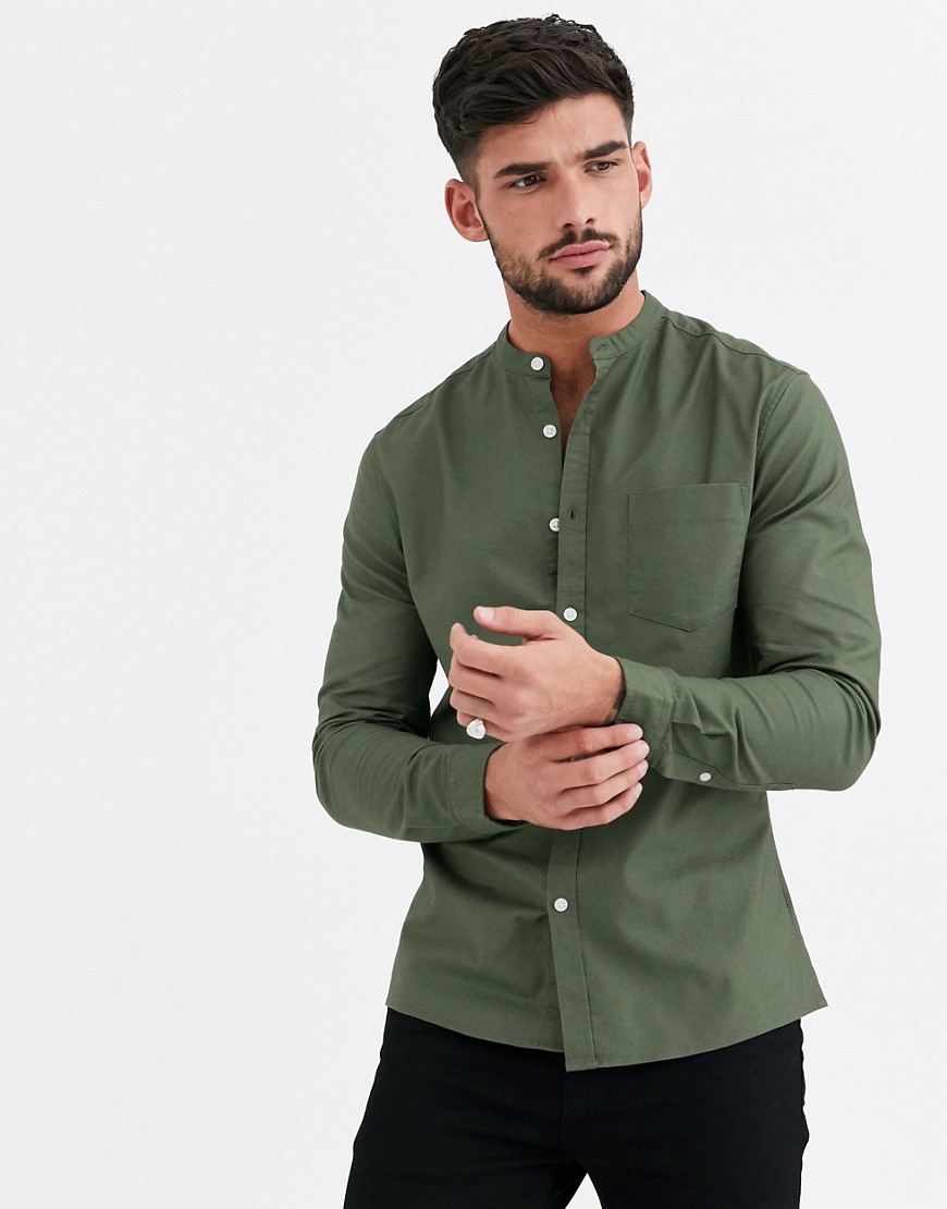 ASOS DESIGN – Kakifärgad oxfordskjorta med smal passform och murarkrage-Grön