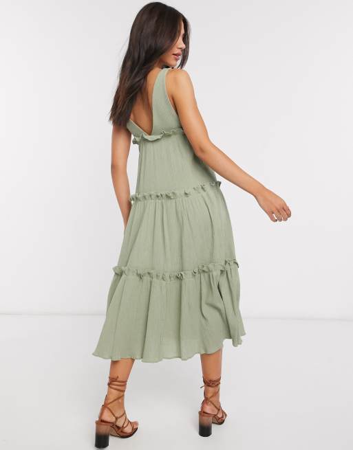 ASOS DESIGN – Kakifärgad panelsydd midiklänning i strukturvävt krinklat material med knäppning, 2 av 4