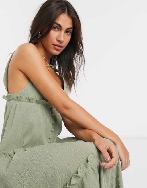 ASOS DESIGN – Kakifärgad panelsydd midiklänning i strukturvävt krinklat material med knäppning, 3 av 4