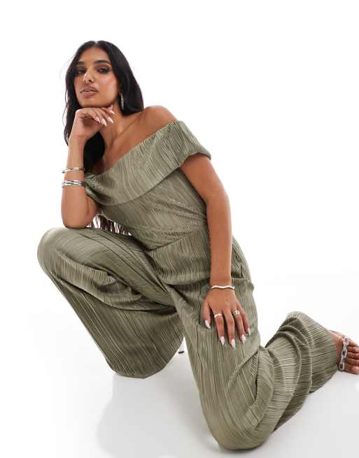 ASOS DESIGN – Kakifärgad, plisserad jumpsuit i bardotstil med vida ben, 2 av 4