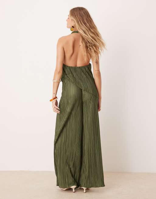 ASOS DESIGN – Kakifärgad, plisserad jumpsuit med halterneck och vida ben, 3 av 4