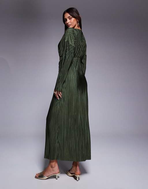ASOS DESIGN – Kakifärgad, plisserad maxiklänning med hög krage, långa ärmar och omlottmidja, 3 av 4