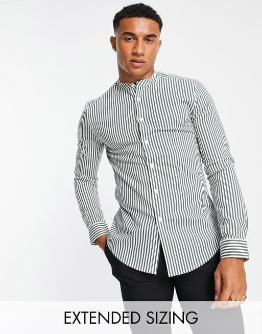 ASOS DESIGN – Kakifärgad randig skjorta med smal passform och murarkrage