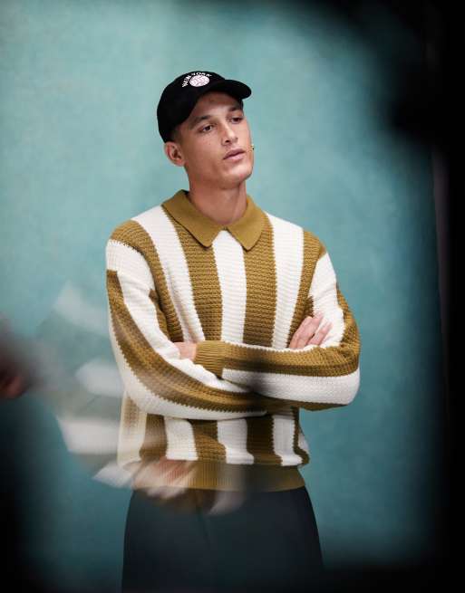 ASOS DESIGN – Kakifärgad, randig, stickad pikétröja med avslappnad, boxig passform
