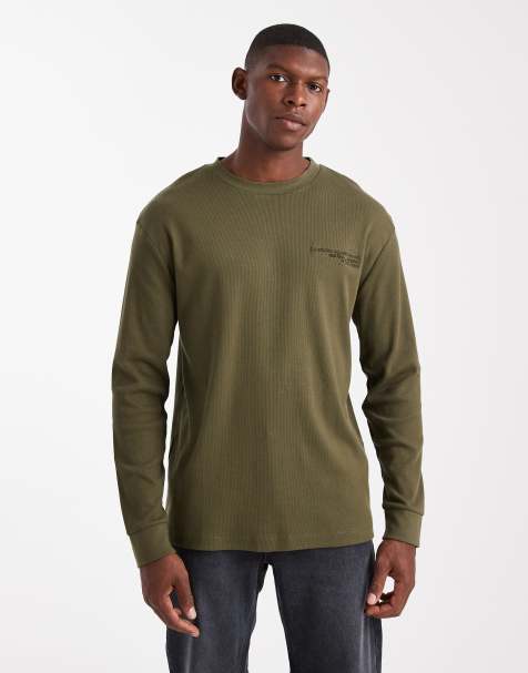 ASOS DESIGN – Kakifärgad, ribbad t-shirt i regular fit med långa ärmar och texttryck - view 1