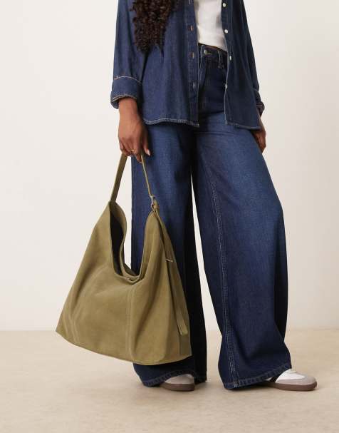 ASOS DESIGN – Kakifärgad, slouchy toteväska i mocka med spänne - view 1