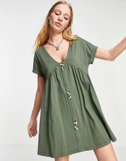 ASOS DESIGN – Kakifärgad smockklänning i minilängd med korta ärmar och stora knappar, 4 av 4