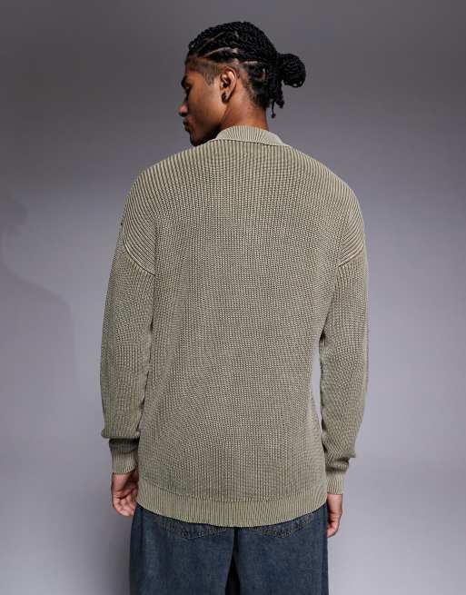 ASOS DESIGN – Kakifärgad, stentvättad och ribbstickad pikétröja i relaxed fit, 3 av 5