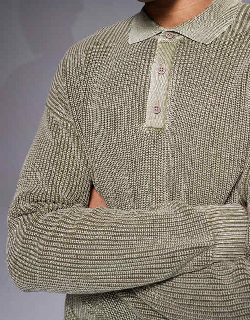 ASOS DESIGN – Kakifärgad, stentvättad och ribbstickad pikétröja i relaxed fit, 5 av 5