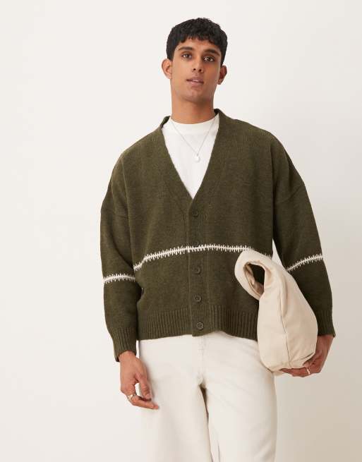 ASOS DESIGN – Kakifärgad, stickad kofta i extra oversize med boxig passform, borstad struktur och langettsydda ränder