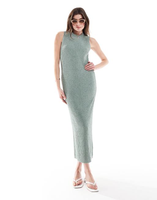 ASOS DESIGN – Kakifärgad, stickad midaxiklänning i strukturerad bouclé
