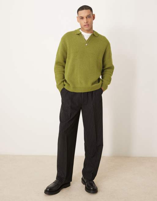 ASOS DESIGN – Kakifärgad, stickad pikétröja i oversize med borstad finish och notchkrage, 2 av 4