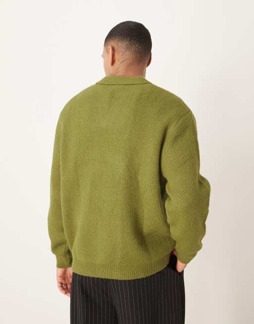 ASOS DESIGN – Kakifärgad, stickad pikétröja i oversize med borstad finish och notchkrage, 3 av 4