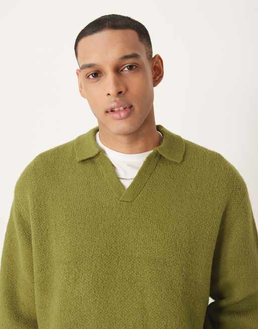 ASOS DESIGN – Kakifärgad, stickad pikétröja i oversize med borstad finish och notchkrage, 4 av 4