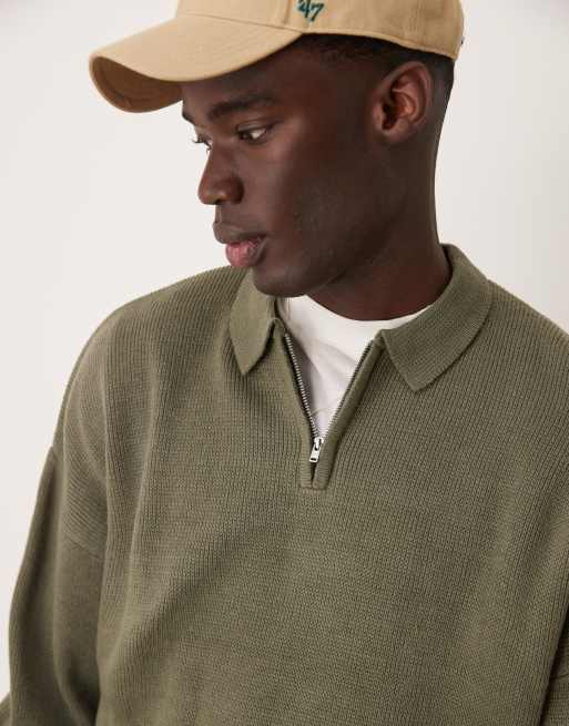 ASOS DESIGN – Kakifärgad, stickad pikétröja i oversize med boxig passform och kort dragkedja, 2 av 4