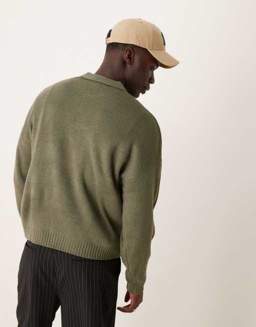 ASOS DESIGN – Kakifärgad, stickad pikétröja i oversize med boxig passform och kort dragkedja, 3 av 4