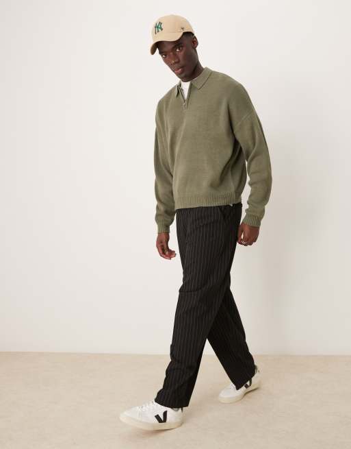 ASOS DESIGN – Kakifärgad, stickad pikétröja i oversize med boxig passform och kort dragkedja, 4 av 4