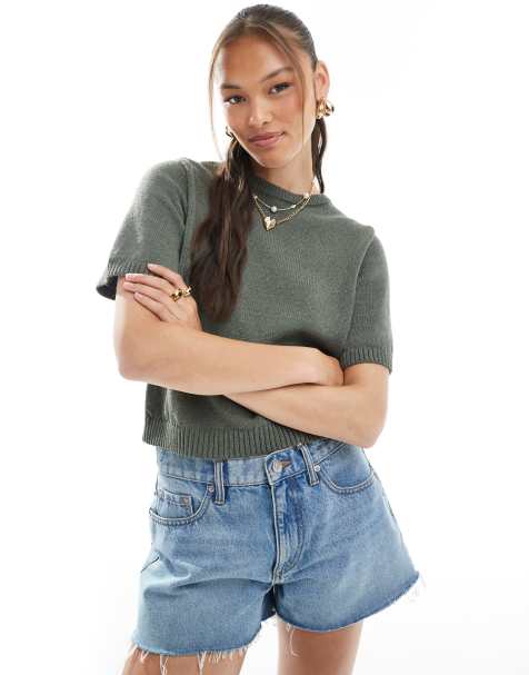 ASOS DESIGN – Kakifärgad, stickad topp med halvlånga ärmar - view 1