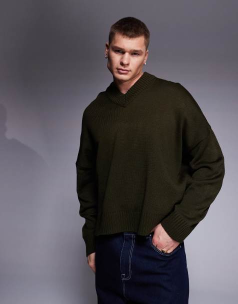 ASOS DESIGN – Kakifärgad, stickad tröja i extra oversize med boxig passform och v-ringning - view 1