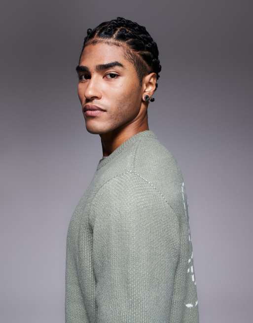 ASOS DESIGN – Kakifärgad, stickad tröja i relaxed fit med rund halsringning och 96-tryck, 4 av 5