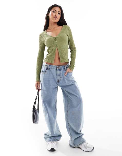 ASOS DESIGN – Kakifärgad, strukturerad kofta med v-ringning och slits framtill - view 1