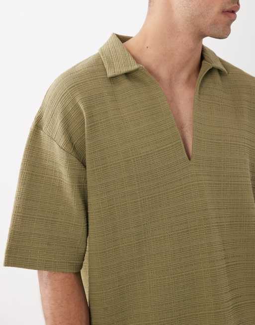 ASOS DESIGN – Kakifärgad, strukturerad pikétröja i oversize med öppen krage, 5 av 5