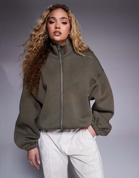 ASOS DESIGN – Kakifärgad sweatshirt i scubaliknande tyg med dragkedja - view 1