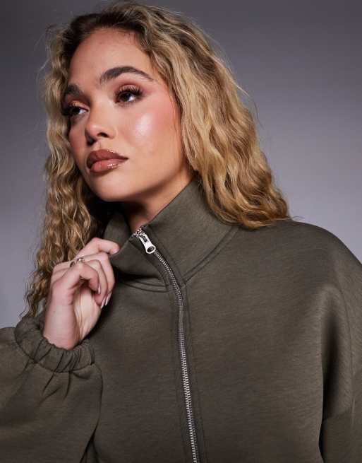 ASOS DESIGN – Kakifärgad sweatshirt i scubaliknande tyg med dragkedja, 2 av 4