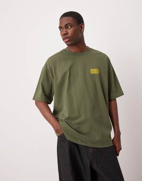 ASOS DESIGN – Kakifärgad t-shirt i oversize med tryck på bröstet - view 1