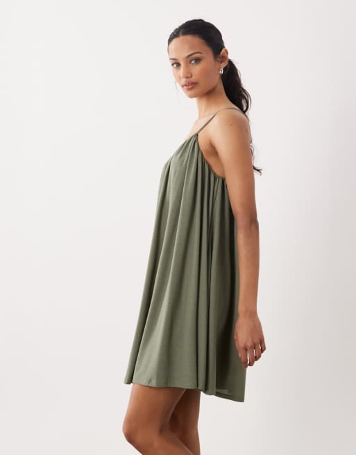 ASOS DESIGN – Kakifärgad, texturerad, enaxlad miniklänning, 2 av 4