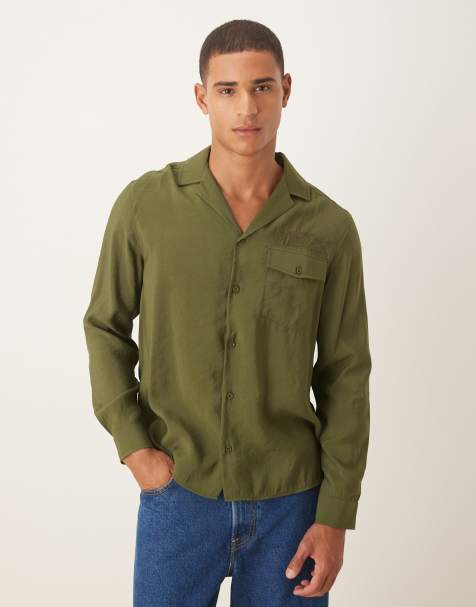 ASOS DESIGN – Kakifärgad, texturerad skjorta med broderi och avslappnad passform - view 1